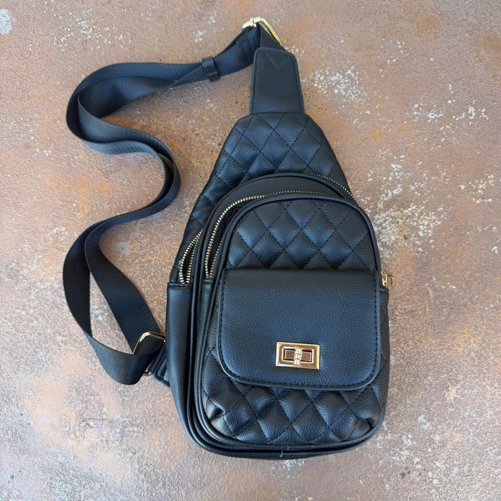 Black quilted faux leather crossbody bag with gold hardware 15x7 in